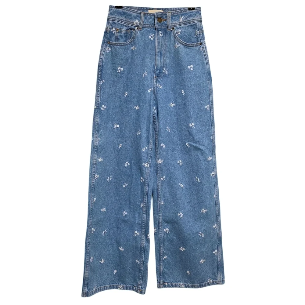 Sezane Le Crop in Blue with White Floral Embroidery Size 0 - Picture 2 of 4